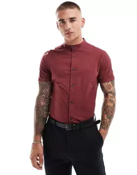 ASOS DESIGN – бордовая приталенная рубашка с воротником стойкой и закатанными рукавами
