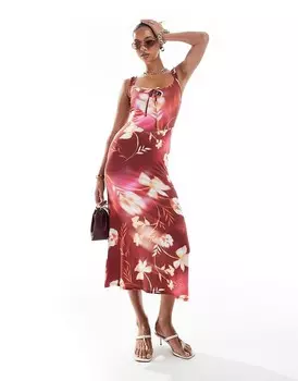 ASOS DESIGN – Бордовое платье миди с рюшами, завязкой спереди и цветочным узором