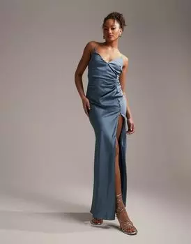 ASOS DESIGN Bridesmaid — атласное платье макси с драпировкой и бретелями пыльно-синего цвета
