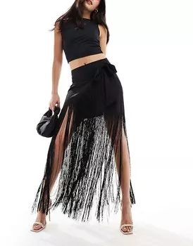 ASOS DESIGN – черная атласная юбка макси с запахом и бахромой