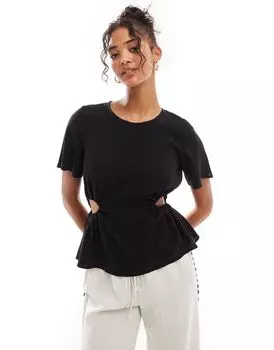 ASOS DESIGN – черная футболка из смесового льна с вырезами по бокам