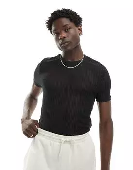 ASOS DESIGN – черная футболка в полоску с сетчатым узором выгодного кроя