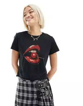 ASOS DESIGN – черная короткая и облегающая футболка с принтом «вишневые губы»