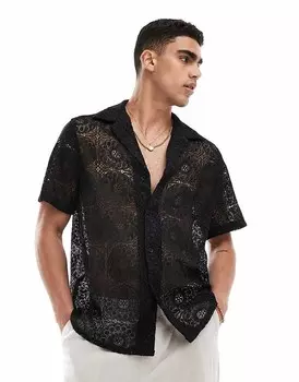 ASOS DESIGN – Черная кружевная рубашка свободного кроя с короткими рукавами и воротником с лацканами