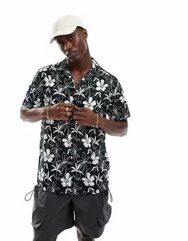 ASOS DESIGN – Черная льняная рубашка свободного кроя с белым цветочным узором и воротником с лацканами