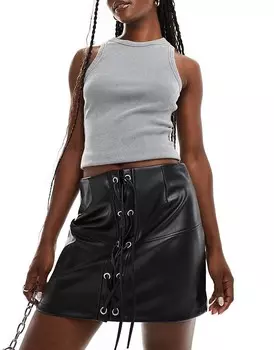 ASOS DESIGN – черная мини-юбка из искусственной кожи с завязками
