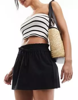 ASOS DESIGN - Черная мини-юбка с эффектом льна и завязкой на талии