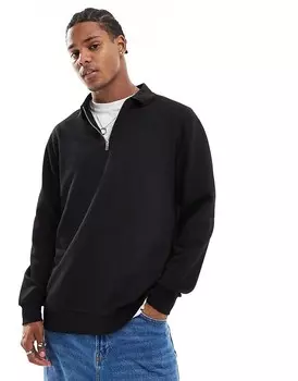 ASOS DESIGN – черная рубашка-поло с молнией на шее и длинными рукавами