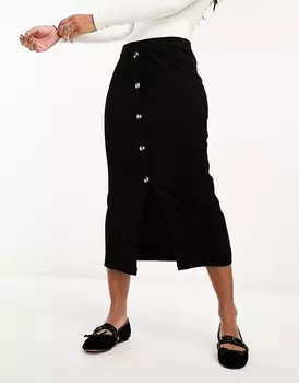 ASOS DESIGN – Черная юбка миди в рубчик с роговыми пуговицами