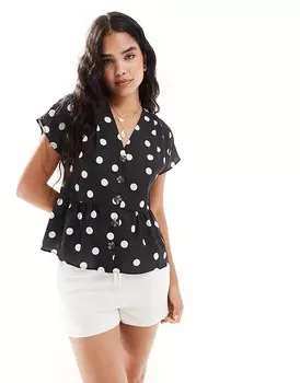 ASOS DESIGN – Черно-белый льняной топ в горошек с буфами и планкой на пуговицах спереди