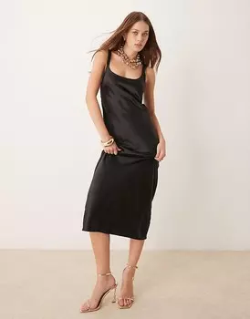 ASOS DESIGN – Черное атласное платье миди с бретелями и овальным вырезом