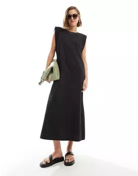 ASOS DESIGN – Черное хлопковое платье миди с широким вырезом и подплечниками