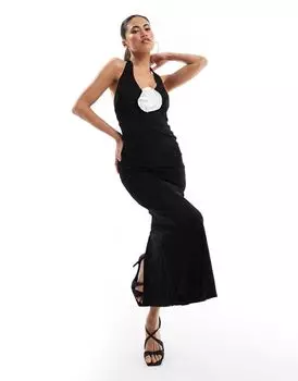 ASOS DESIGN – черное кружевное платье миди с воротником-бретелькой и корсажем