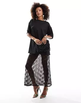 ASOS DESIGN — Черное кружевное платье миди 2-в-1 на бретелях и футболка