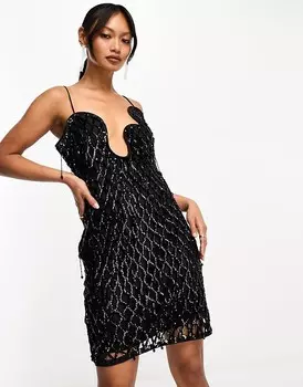 ASOS DESIGN – Черное мини-платье с декоративной сеткой, бахромой и волнистым вырезом