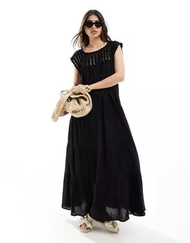 ASOS DESIGN – черное многослойное свободное платье макси со вставкой, связанной крючком