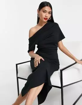 ASOS DESIGN – Черное платье-карандаш миди со складкой на плече