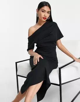 ASOS DESIGN – Черное платье-карандаш миди с плиссированной деталью на плечах