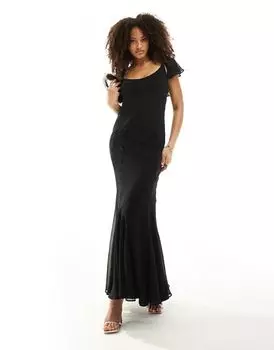 ASOS DESIGN – черное платье макси со вставками, струящимися рукавами и U-образным вырезом