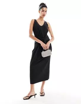 ASOS DESIGN – Черное платье миди с U-образным вырезом и завязками спереди