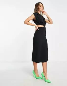 ASOS DESIGN – черное платье миди с вырезами, воротником и разрезом по бокам