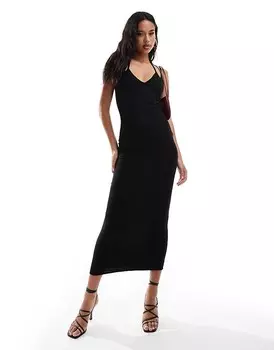 ASOS DESIGN – Черное платье миди с двойными бретелями и U-образным вырезом