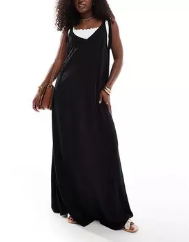 ASOS DESIGN – Черное пляжное платье макси с D-образным кольцом на ремешке