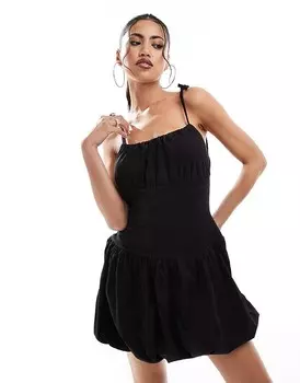 ASOS DESIGN – Черное поплиновое мини-платье с длинными рукавами и пузырьками