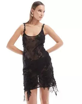 ASOS DESIGN – черное прозрачное кружевное мини-платье с тонкими бретелями и цветочной аппликацией