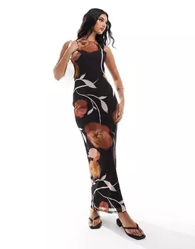 ASOS DESIGN – Черное сетчатое платье макси с драпировкой на спине и цветочным узором на завязках