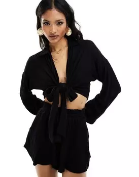 ASOS DESIGN – черные фактурные брюки свободного кроя с завязками с бахромой, часть комплекта