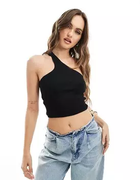 ASOS Design – Черный двухслойный укороченный топ в рубчик с овальным вырезом и бретелями на одно плечо