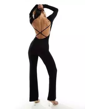 ASOS DESIGN – черный комбинезон с длинными рукавами, расклешенным низом, открытой спиной и бретелями