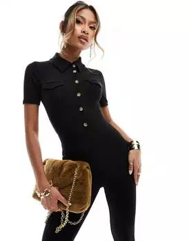 ASOS DESIGN — Черный комбинезон в рубчик с короткими рукавами и воротником-стойкой