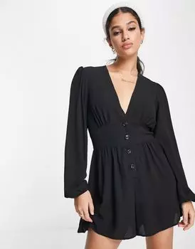 ASOS DESIGN – черный короткий комбинезон с глубоким вырезом и креповыми буфами