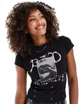 ASOS DESIGN – черный корсетный топ с декоративными заклепками и розовым принтом
