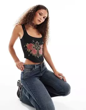 ASOS DESIGN – черный корсетный топ с инди-графикой и украшениями