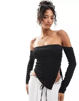 ASOS DESIGN – Черный структурированный топ с вырезом «Кармен» и асимметричным подолом