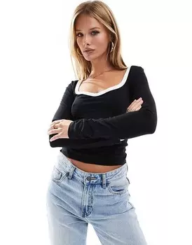 ASOS DESIGN – черный топ с контрастным вырезом в форме сердца и длинными рукавами