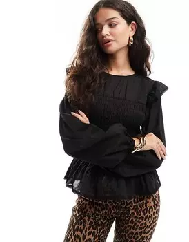 ASOS DESIGN – черный топ с рюшами на вырезе и баской