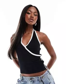 ASOS DESIGN – черный топ с воротником через шею и контрастной окантовкой
