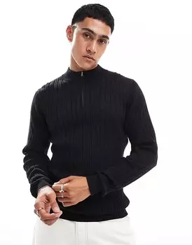 ASOS DESIGN Черный вязаный свитер в рубчик, облегающего кроя и воротника на молнии