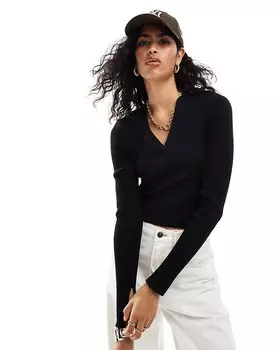 ASOS DESIGN – Черный вязаный топ с воротником и пуговицами