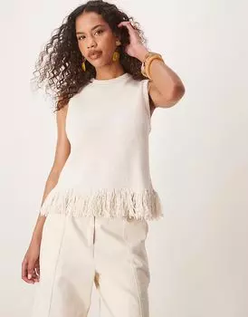 ASOS DESIGN чистая трикотажная майка с бахромой кремового цвета