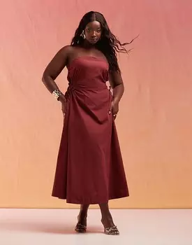 ASOS DESIGN Curve – Бордовое платье миди с вырезом-бандо и декоративной завязкой на талии