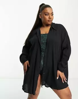 ASOS DESIGN Curve — черная пляжная рубашка со сборками