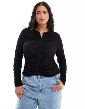 ASOS DESIGN Curve — черная рубашка из фактурной сетки со сборками