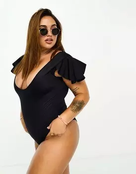 ASOS DESIGN Curve – черный купальник с глубоким вырезом и рукавами с рюшами