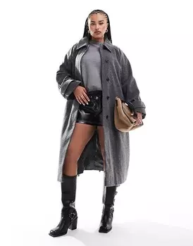 ASOS DESIGN Curve – графитовое пальто удлиненного кроя с узором «в ёлочку» и воротником