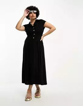 ASOS DESIGN Curve — льняное платье-рубашка миди черного цвета с рукавами и складками